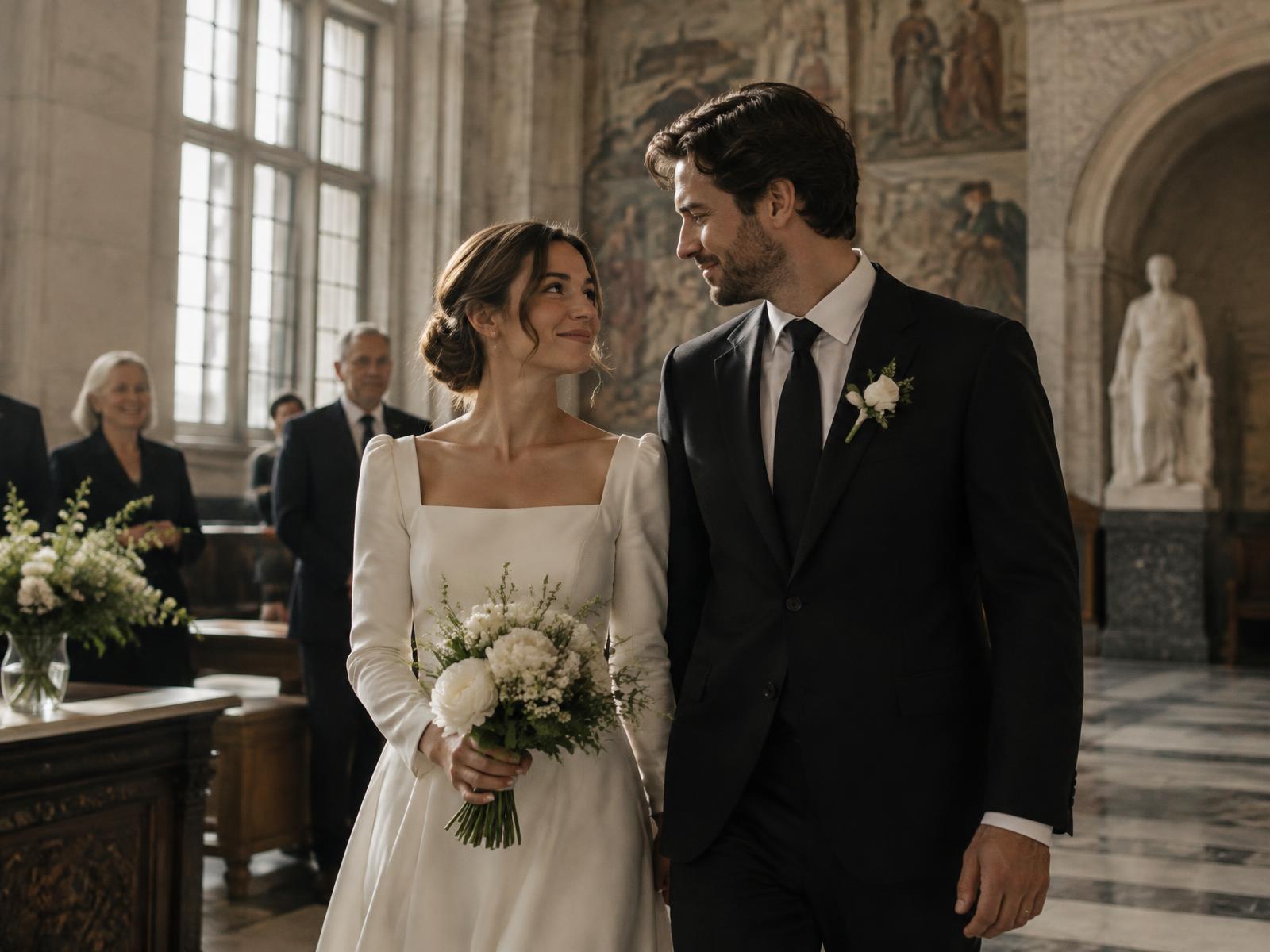 Newlyweds sharing a look after their ceremony